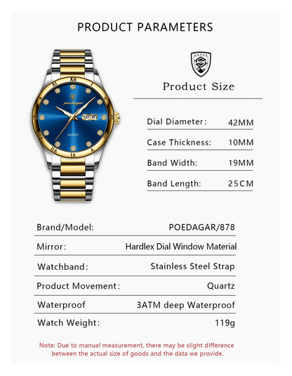 POEDAGAR Top Luxus Uhr Für Mann Datum Woche Wasserdicht Leucht Mann Armbanduhr Quarz Edelstahl herren Uhren Sport Reloj