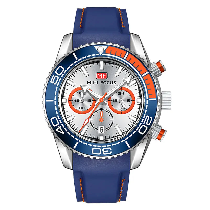 MINI FOCUS Chronograph Quarzuhren für Herren, modische Sport-Armbanduhr mit automatischem Datum, 24-Stunden-Anzeige, blaues Silikonarmband 0426