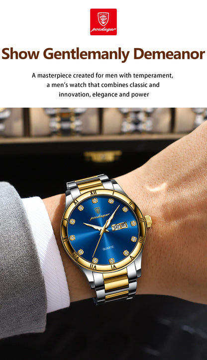 POEDAGAR Top Luxus Uhr Für Mann Datum Woche Wasserdicht Leucht Mann Armbanduhr Quarz Edelstahl herren Uhren Sport Reloj
