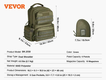 VEVOR Pistolentasche, Gewehrtasche, Pistolentaschen für 6 Pistolen, Pistolenrucksack mit 6 unabhängigen Pistolentaschen & 10 Magazinen, Pistolenrucksack für Outdoor-Jagd, Abschließbare Tasche, Braun