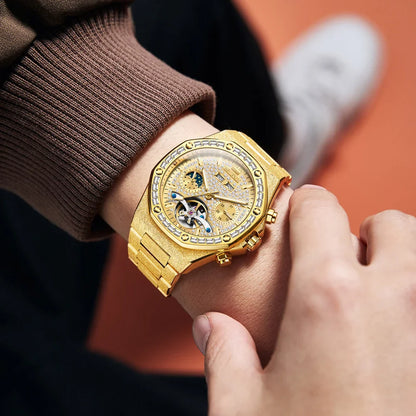 OLEVS Gold Stahl Herren Uhren Top Marke Automatische Mechanische Luxus Uhr Sport Wasserdicht Tourbillon Armbanduhr Reloj Hombre