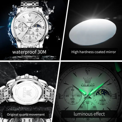 OLEVS 3639 Top Marke Original Luxus Neue Quarzuhr Edelstahl Uhr Für Männer Wasserdicht Leucht Mond Phase Herren Uhr