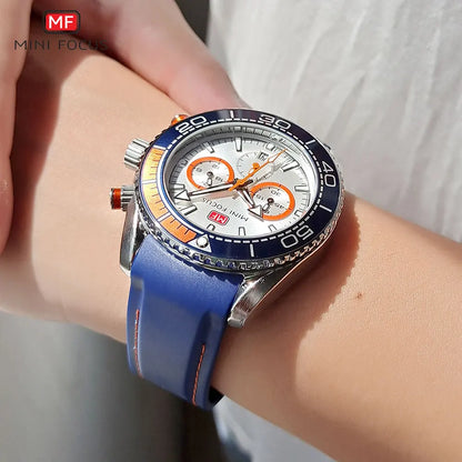 MINI FOCUS Chronograph Quarzuhren für Herren, modische Sport-Armbanduhr mit automatischem Datum, 24-Stunden-Anzeige, blaues Silikonarmband 0426