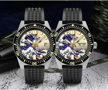 San Martin 40mm 62mas V3 Diver Watch For Men Kanagawa Surfing Dial NH35 Automatic Mechanical 20Bar Full Luminous Rubber Strap