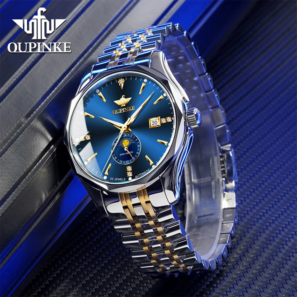 OUPINKE Automatische Herrenuhr, automatisches Datum, Mondphase, Chronograph, hochwertige Luxus-Diamant-Armbanduhr für Herren, NEU 3275