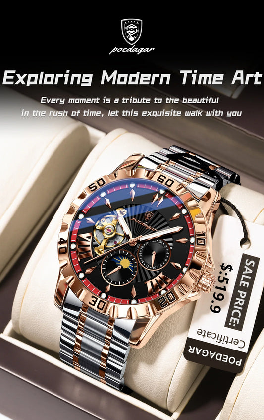 POEDAGAR Luxus Männer Uhr Hohl Tourbillon Automatische Mechanische Mann Uhr Wasserdicht Leucht Edelstahl herren Uhren + Box