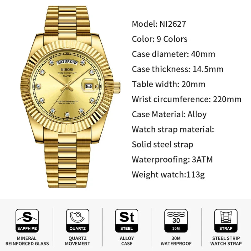 NIBOSI Luxus Gold Quarzuhr Männer Edelstahl Wasserdicht Leucht Datum Woche Mode Diamant Herren Uhren Relogio Masculino