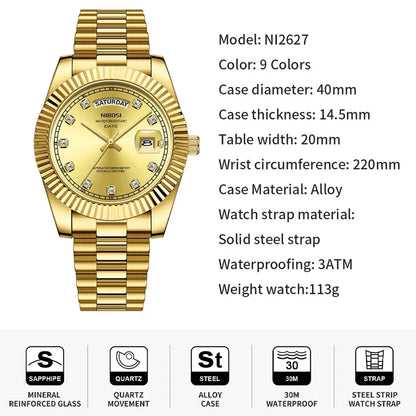 NIBOSI Luxus Gold Quarzuhr Männer Edelstahl Wasserdicht Leucht Datum Woche Mode Diamant Herren Uhren Relogio Masculino
