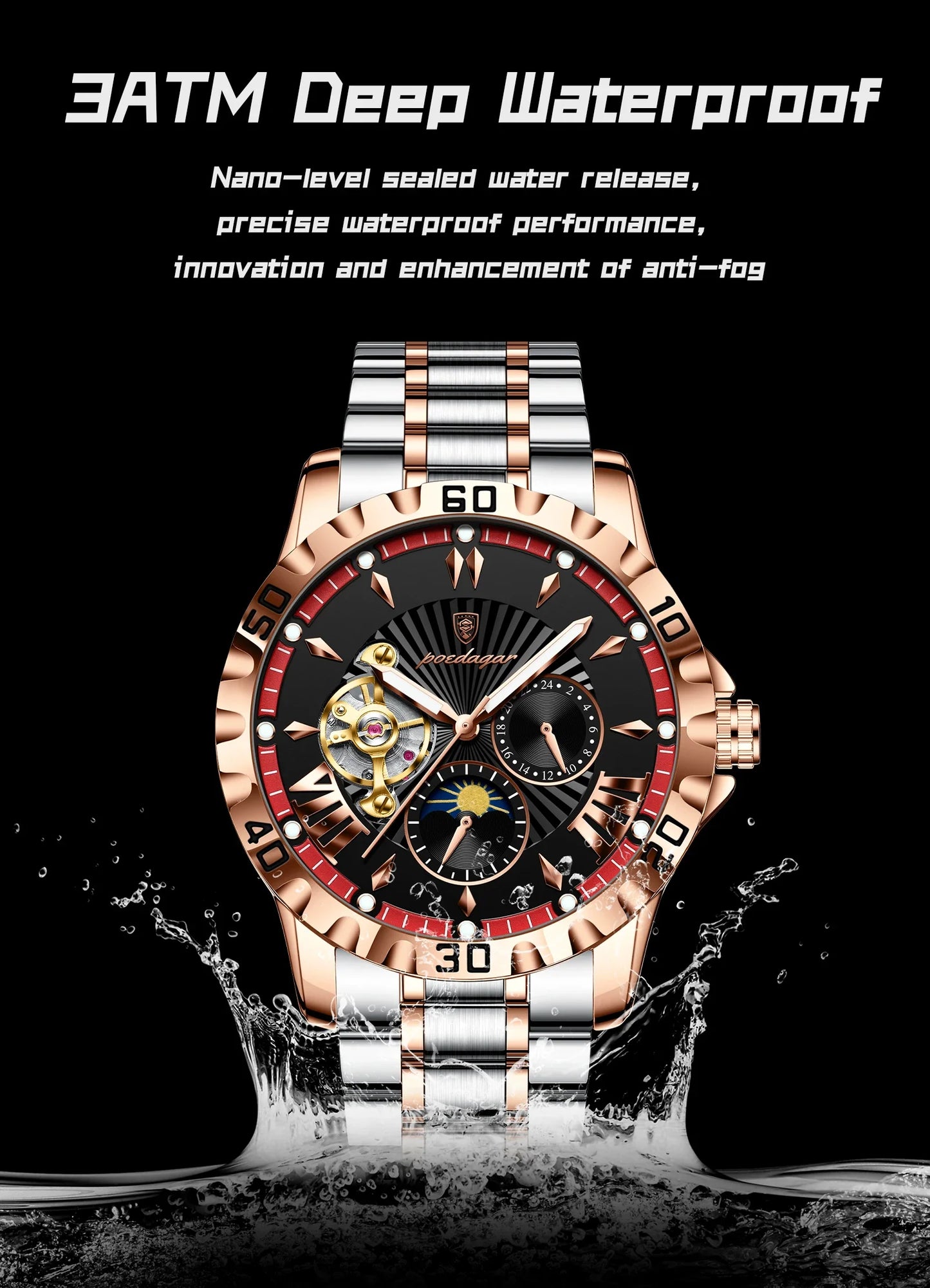 POEDAGAR Luxus Männer Uhr Hohl Tourbillon Automatische Mechanische Mann Uhr Wasserdicht Leucht Edelstahl herren Uhren + Box