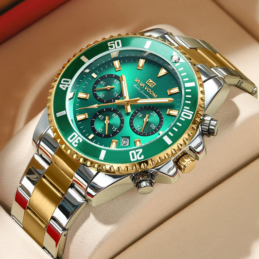 VA VA VOOM Marke Top Männer Uhr 1 Stück Multifunktionale Modische Timing Zifferblatt Grün Gold Edelstahl 3Bar Timing Uhr für Männer