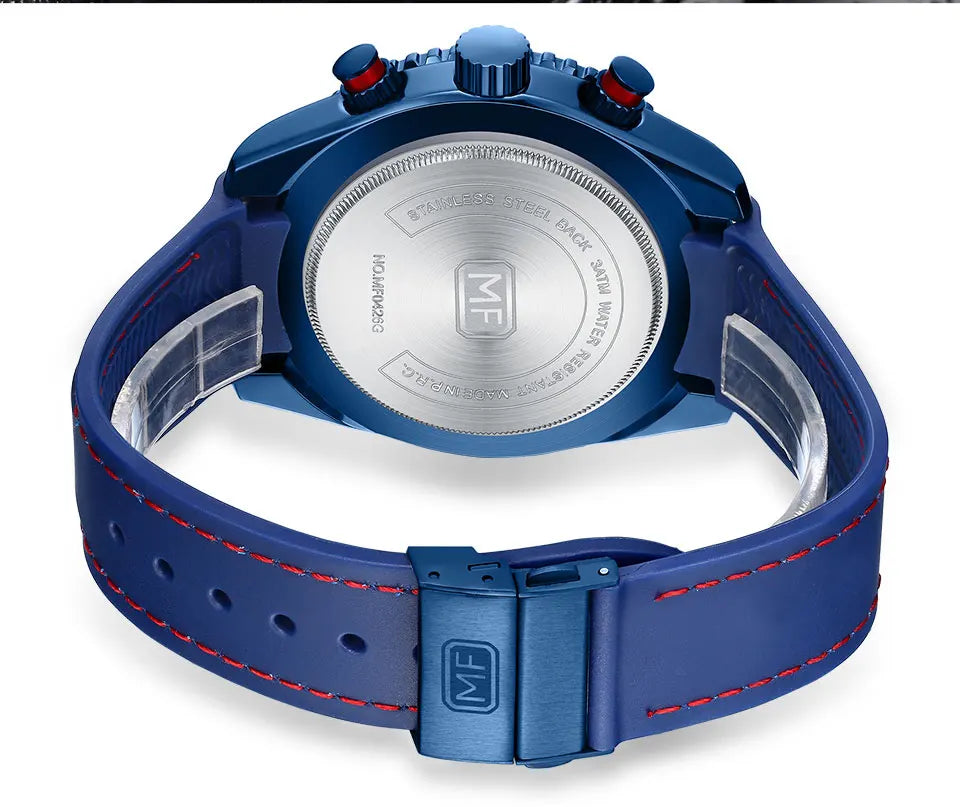 MINI FOCUS Chronograph Quarzuhren für Herren, modische Sport-Armbanduhr mit automatischem Datum, 24-Stunden-Anzeige, blaues Silikonarmband 0426