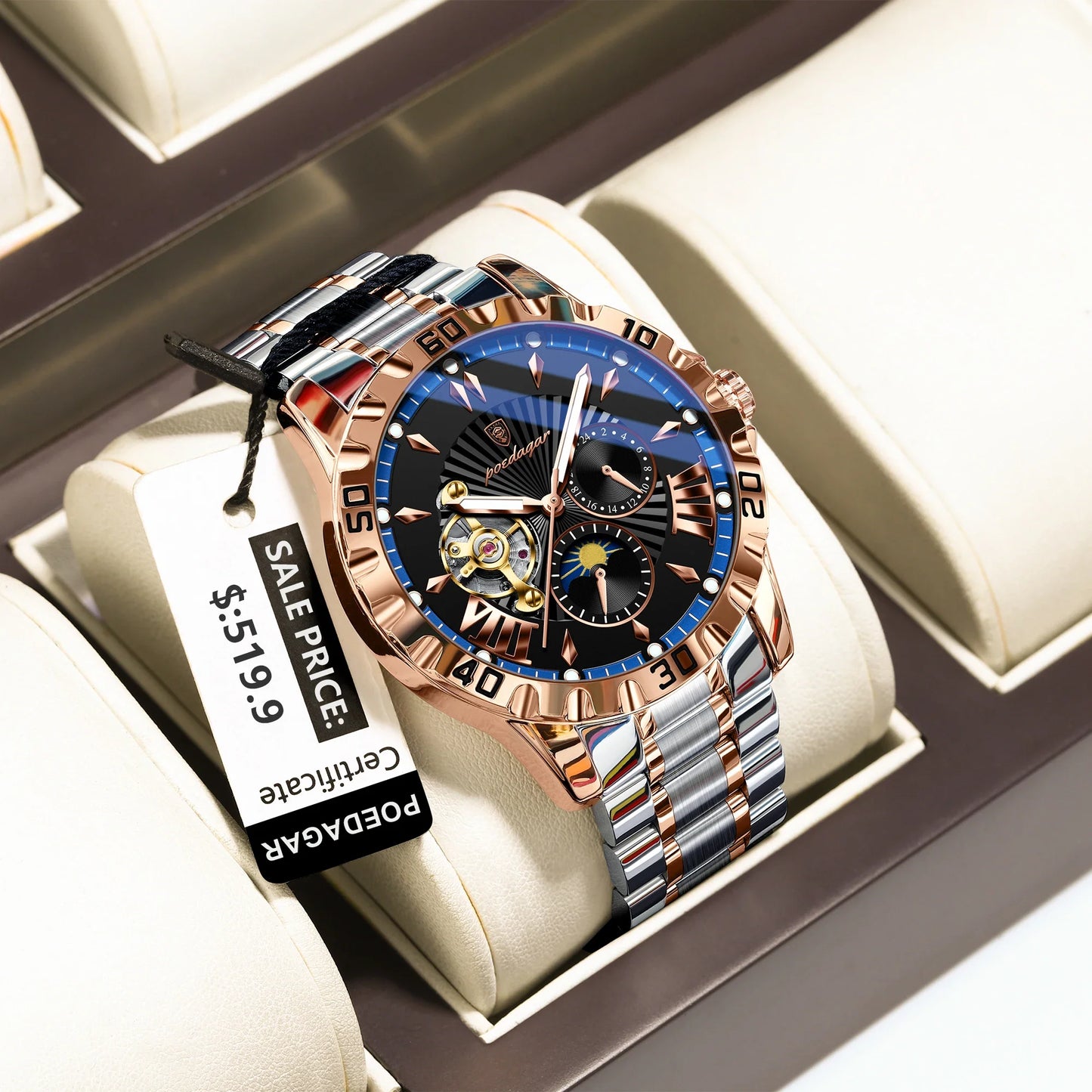 POEDAGAR Luxus Männer Uhr Hohl Tourbillon Automatische Mechanische Mann Uhr Wasserdicht Leucht Edelstahl herren Uhren + Box