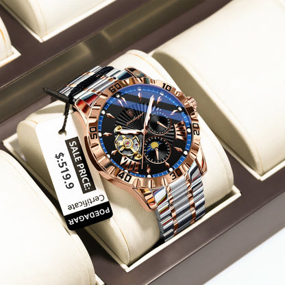 POEDAGAR Luxus Männer Uhr Hohl Tourbillon Automatische Mechanische Mann Uhr Wasserdicht Leucht Edelstahl herren Uhren + Box