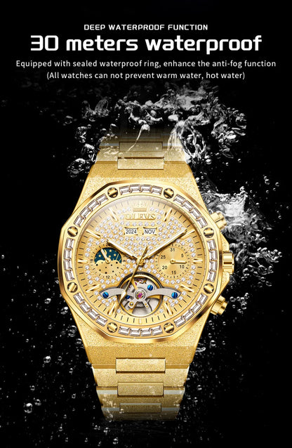 OLEVS Gold Stahl Herren Uhren Top Marke Automatische Mechanische Luxus Uhr Sport Wasserdicht Tourbillon Armbanduhr Reloj Hombre