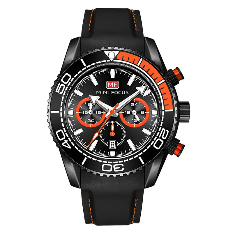 MINI FOCUS Chronograph Quarzuhren für Herren, modische Sport-Armbanduhr mit automatischem Datum, 24-Stunden-Anzeige, blaues Silikonarmband 0426