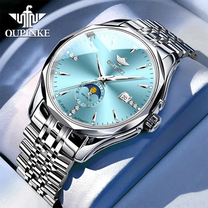OUPINKE Automatische Herrenuhr, automatisches Datum, Mondphase, Chronograph, hochwertige Luxus-Diamant-Armbanduhr für Herren, NEU 3275