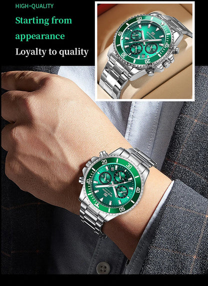 VA VA VOOM Marke Top Männer Uhr 1 Stück Multifunktionale Modische Timing Zifferblatt Grün Gold Edelstahl 3Bar Timing Uhr für Männer