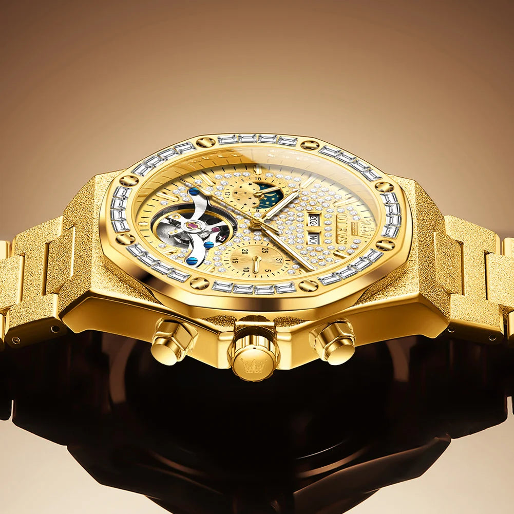 OLEVS Gold Stahl Herren Uhren Top Marke Automatische Mechanische Luxus Uhr Sport Wasserdicht Tourbillon Armbanduhr Reloj Hombre