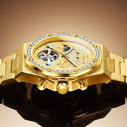 OLEVS Gold Stahl Herren Uhren Top Marke Automatische Mechanische Luxus Uhr Sport Wasserdicht Tourbillon Armbanduhr Reloj Hombre