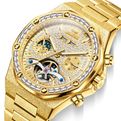 OLEVS Gold Stahl Herren Uhren Top Marke Automatische Mechanische Luxus Uhr Sport Wasserdicht Tourbillon Armbanduhr Reloj Hombre