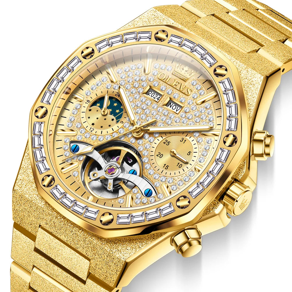 OLEVS Gold Stahl Herren Uhren Top Marke Automatische Mechanische Luxus Uhr Sport Wasserdicht Tourbillon Armbanduhr Reloj Hombre