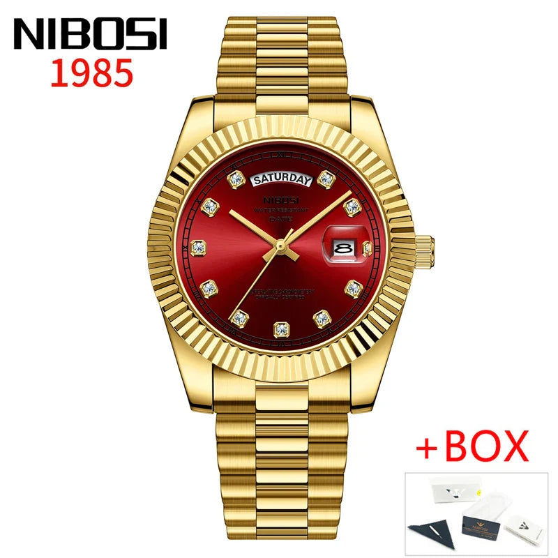 NIBOSI Luxus Gold Quarzuhr Männer Edelstahl Wasserdicht Leucht Datum Woche Mode Diamant Herren Uhren Relogio Masculino