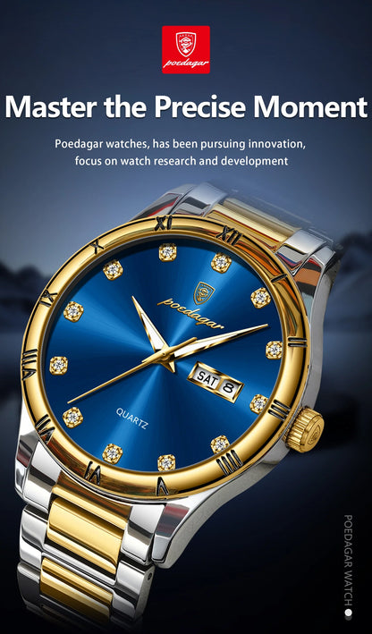POEDAGAR Top Luxus Uhr Für Mann Datum Woche Wasserdicht Leucht Mann Armbanduhr Quarz Edelstahl herren Uhren Sport Reloj