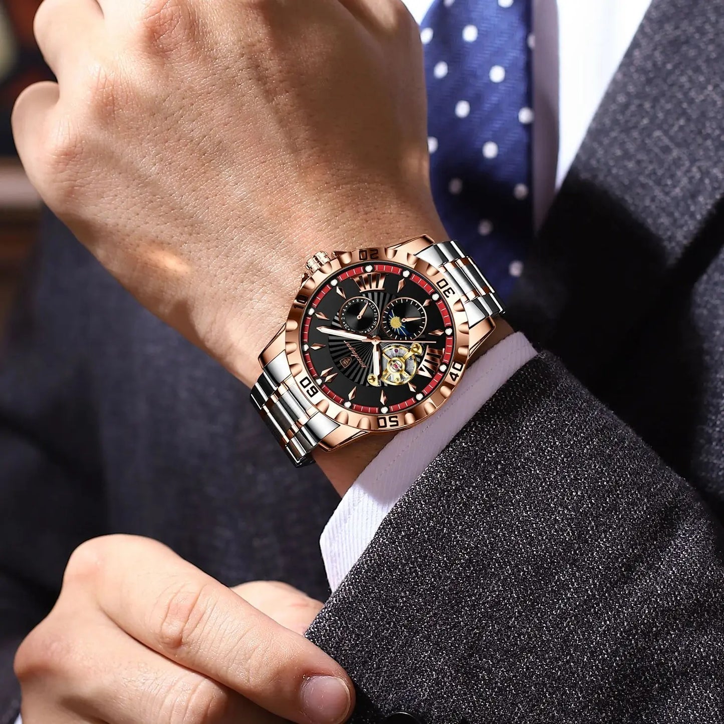 POEDAGAR Luxus Männer Uhr Hohl Tourbillon Automatische Mechanische Mann Uhr Wasserdicht Leucht Edelstahl herren Uhren + Box
