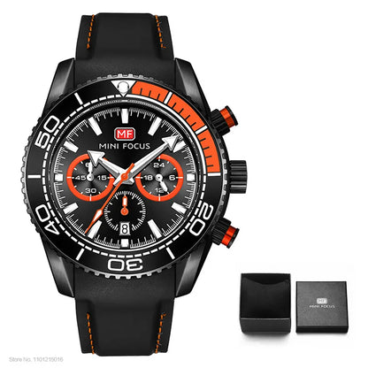 MINI FOCUS Chronograph Quarzuhren für Herren, modische Sport-Armbanduhr mit automatischem Datum, 24-Stunden-Anzeige, blaues Silikonarmband 0426