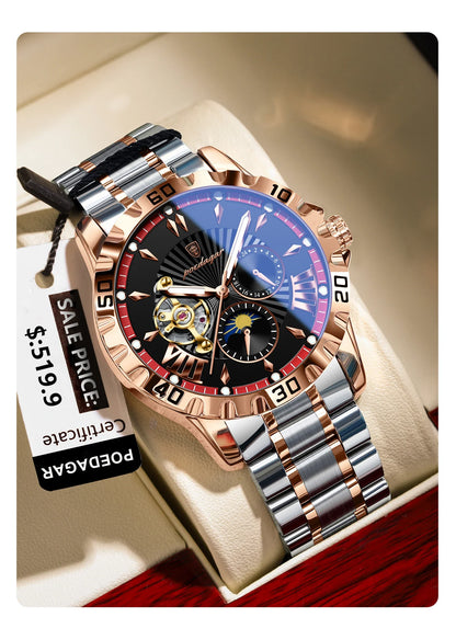 POEDAGAR Luxus Männer Uhr Hohl Tourbillon Automatische Mechanische Mann Uhr Wasserdicht Leucht Edelstahl herren Uhren + Box