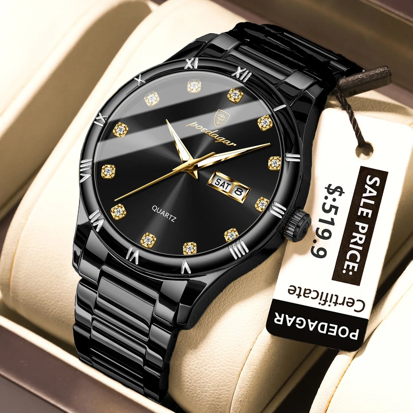 POEDAGAR Top Luxus Uhr Für Mann Datum Woche Wasserdicht Leucht Mann Armbanduhr Quarz Edelstahl herren Uhren Sport Reloj