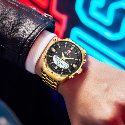 Top Marke Luxus Männer Armbanduhr Wasserdichte Sport Digitale Uhren Männer LED Stahl Militär Quarzuhr Gold farbe Große Zifferblatt Uhr