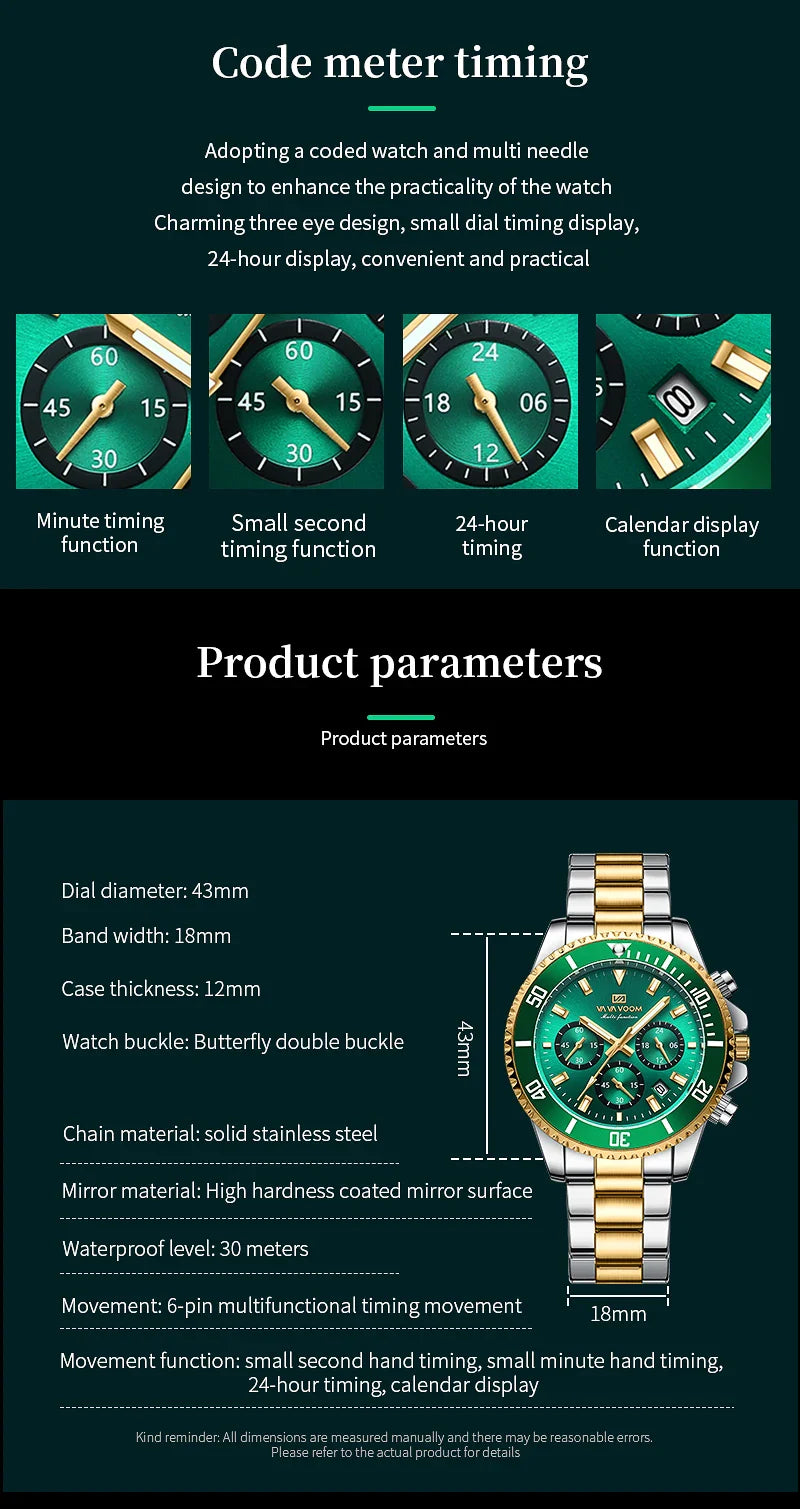 VA VA VOOM Marke Top Männer Uhr 1 Stück Multifunktionale Modische Timing Zifferblatt Grün Gold Edelstahl 3Bar Timing Uhr für Männer