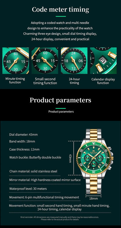 VA VA VOOM Marke Top Männer Uhr 1 Stück Multifunktionale Modische Timing Zifferblatt Grün Gold Edelstahl 3Bar Timing Uhr für Männer