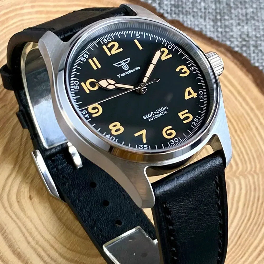 Tandorio 39 mm schwarzes Zifferblatt, Saphirglas, 20 ATM, Tauchen, NH35A PT5000, automatische Pilotenuhr, gebürstet, Herrenuhr, Lederarmband