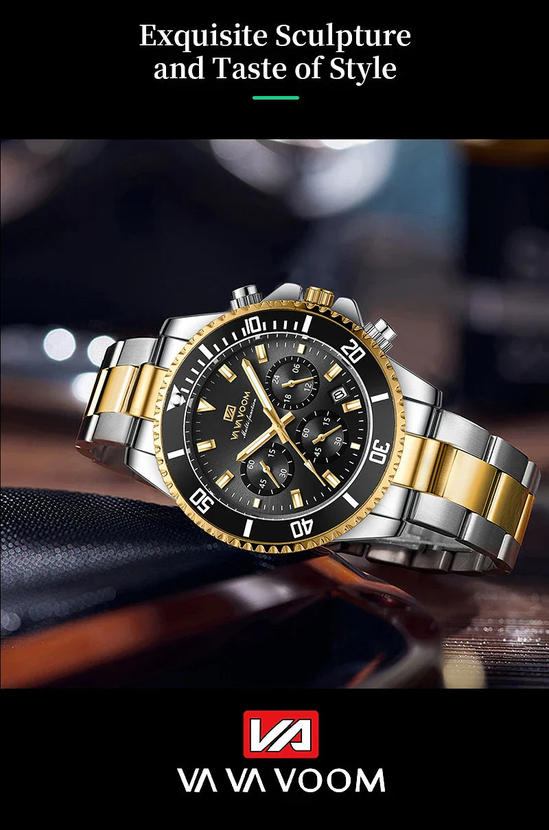 VA VA VOOM Marke Top Männer Uhr 1 Stück Multifunktionale Modische Timing Zifferblatt Grün Gold Edelstahl 3Bar Timing Uhr für Männer
