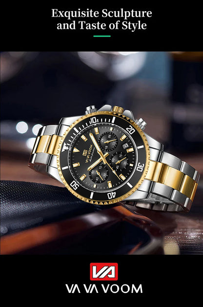 VA VA VOOM Marke Top Männer Uhr 1 Stück Multifunktionale Modische Timing Zifferblatt Grün Gold Edelstahl 3Bar Timing Uhr für Männer
