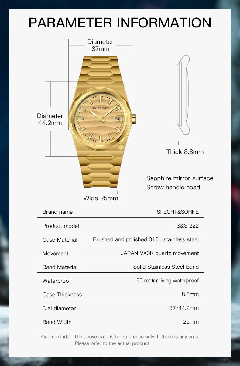 2025 Neuheiten Specht & Söhne 222 Gold Uhren Für Männer Super Slim Stahl Saphir Klassische Quarzuhr Relogio Masculino 37 MM