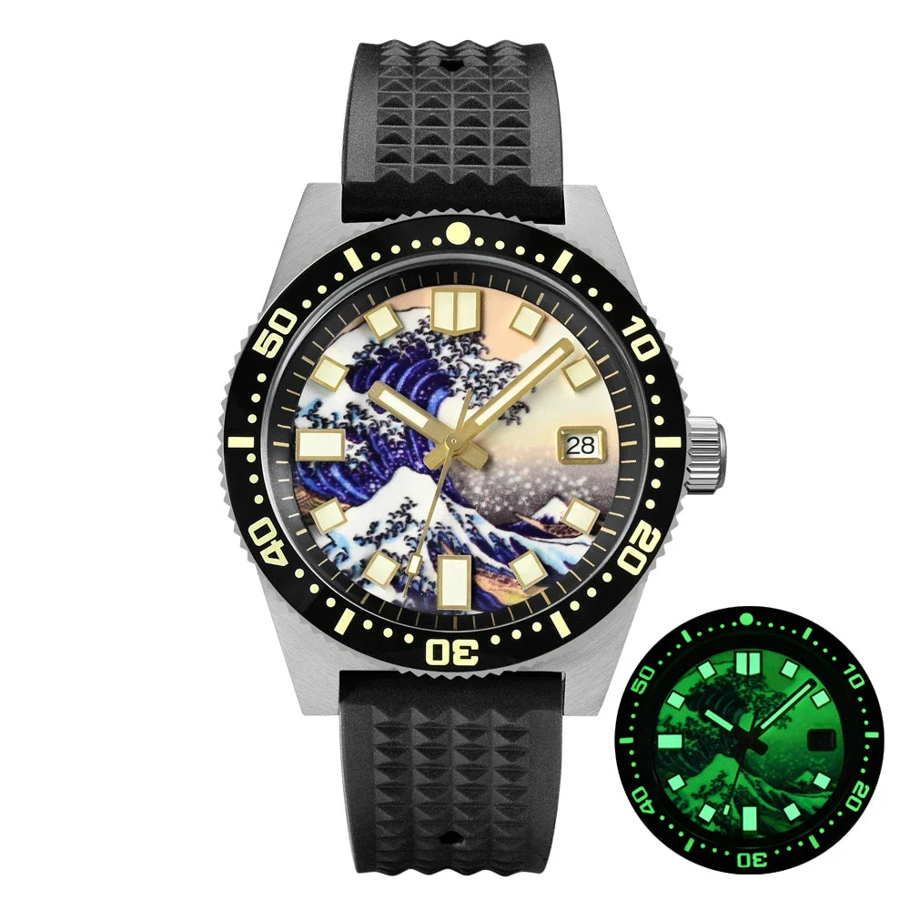 San Martin 40mm 62mas V3 Diver Watch For Men Kanagawa Surfing Dial NH35 Automatic Mechanical 20Bar Full Luminous Rubber Strap