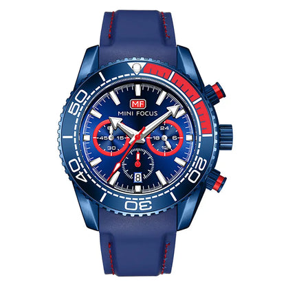 MINI FOCUS Chronograph Quarzuhren für Herren, modische Sport-Armbanduhr mit automatischem Datum, 24-Stunden-Anzeige, blaues Silikonarmband 0426