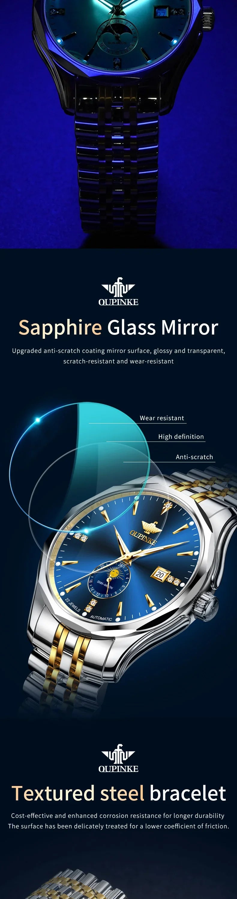 OUPINKE Automatische Herrenuhr, automatisches Datum, Mondphase, Chronograph, hochwertige Luxus-Diamant-Armbanduhr für Herren, NEU 3275