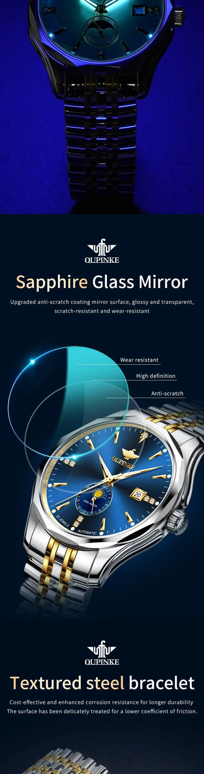 OUPINKE Automatische Herrenuhr, automatisches Datum, Mondphase, Chronograph, hochwertige Luxus-Diamant-Armbanduhr für Herren, NEU 3275