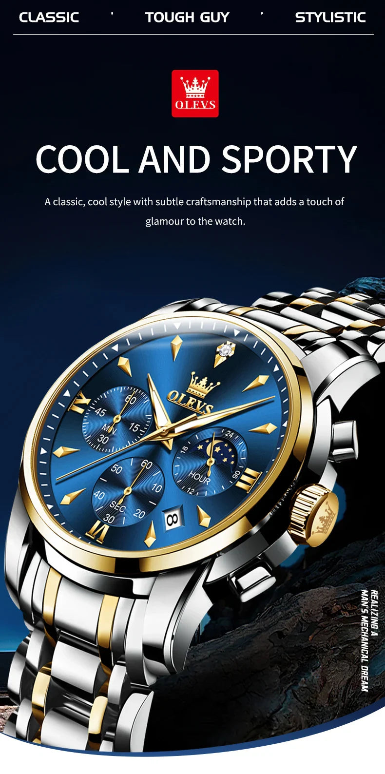 OLEVS 3639 Top Marke Original Luxus Neue Quarzuhr Edelstahl Uhr Für Männer Wasserdicht Leucht Mond Phase Herren Uhr