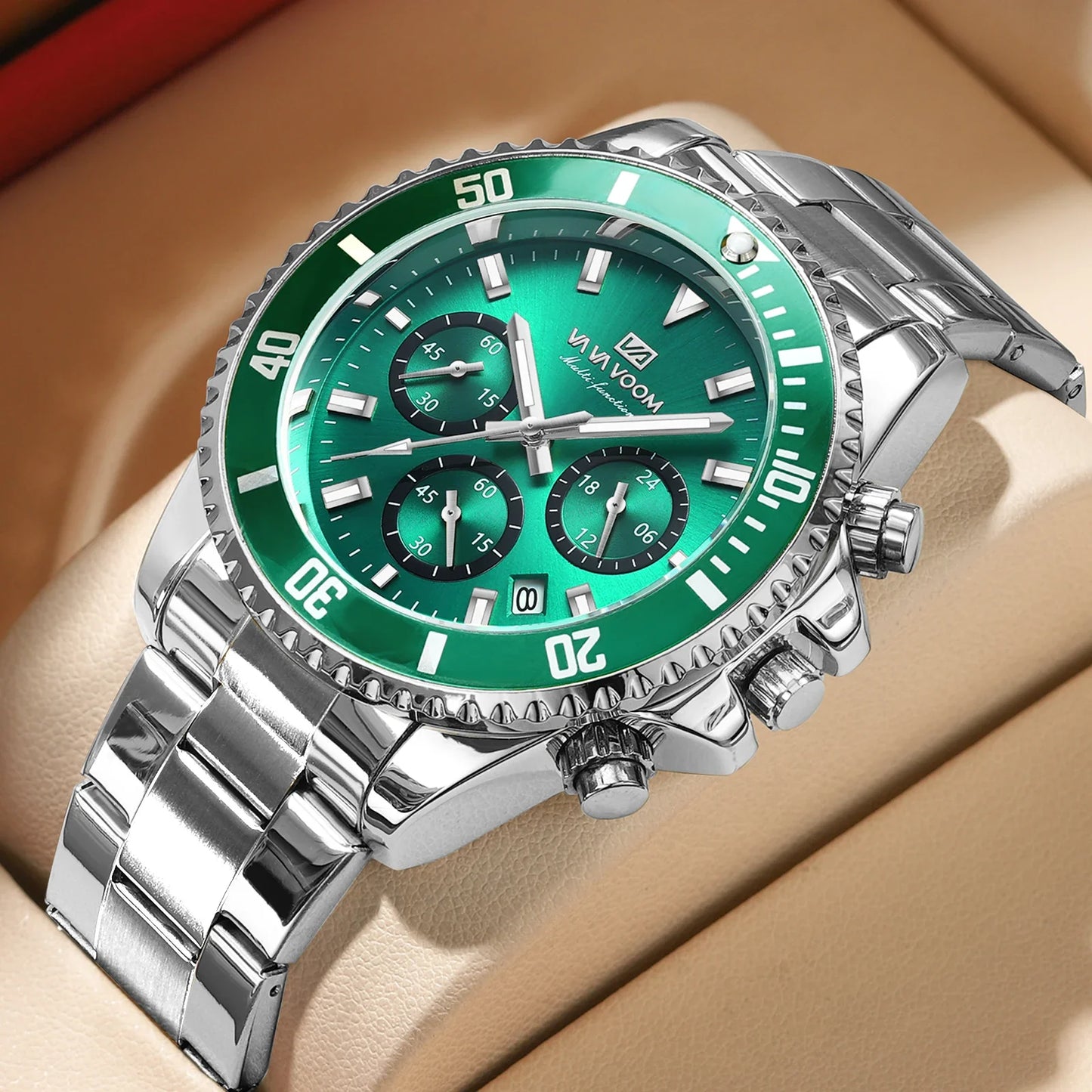 VA VA VOOM Marke Top Männer Uhr 1 Stück Multifunktionale Modische Timing Zifferblatt Grün Gold Edelstahl 3Bar Timing Uhr für Männer