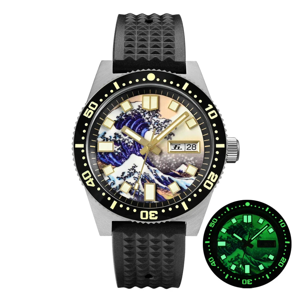 San Martin 40mm 62mas V3 Diver Watch For Men Kanagawa Surfing Dial NH35 Automatic Mechanical 20Bar Full Luminous Rubber Strap