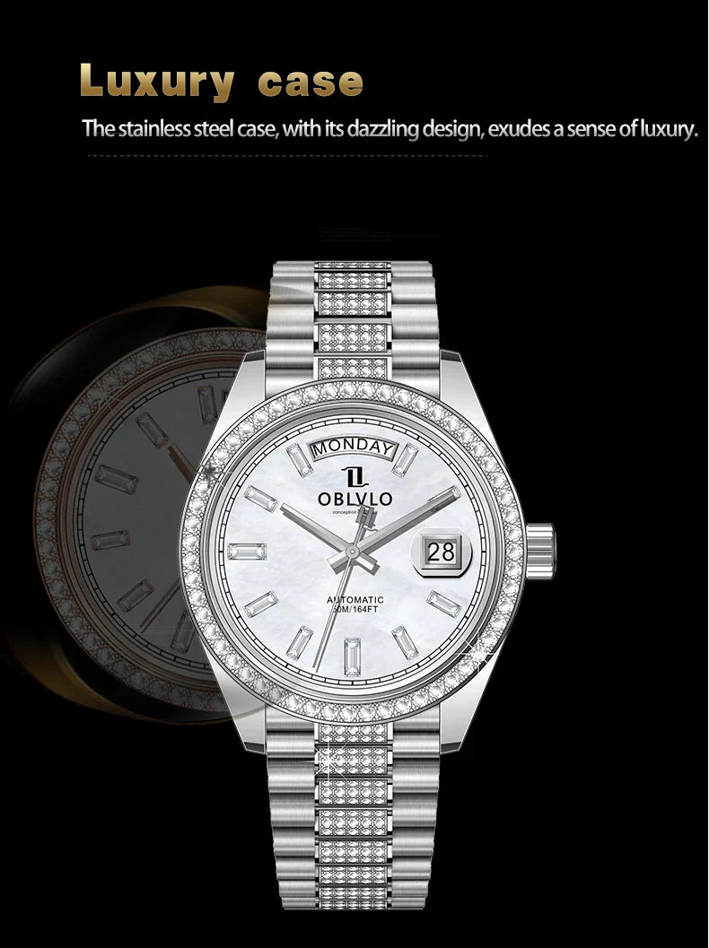 OBLVLO Men's Luxury Watch Yellow Gold White Dial Automatic Date Diamond Bezel Mechanical Bracelet Watches with Day RX-DD