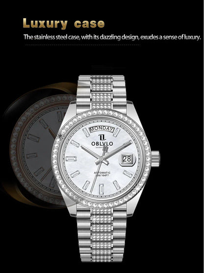 OBLVLO Men's Luxury Watch Yellow Gold White Dial Automatic Date Diamond Bezel Mechanical Bracelet Watches with Day RX-DD