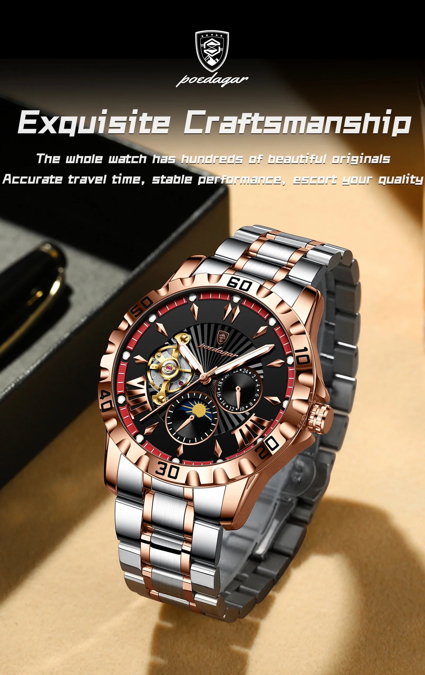 POEDAGAR Luxus Männer Uhr Hohl Tourbillon Automatische Mechanische Mann Uhr Wasserdicht Leucht Edelstahl herren Uhren + Box