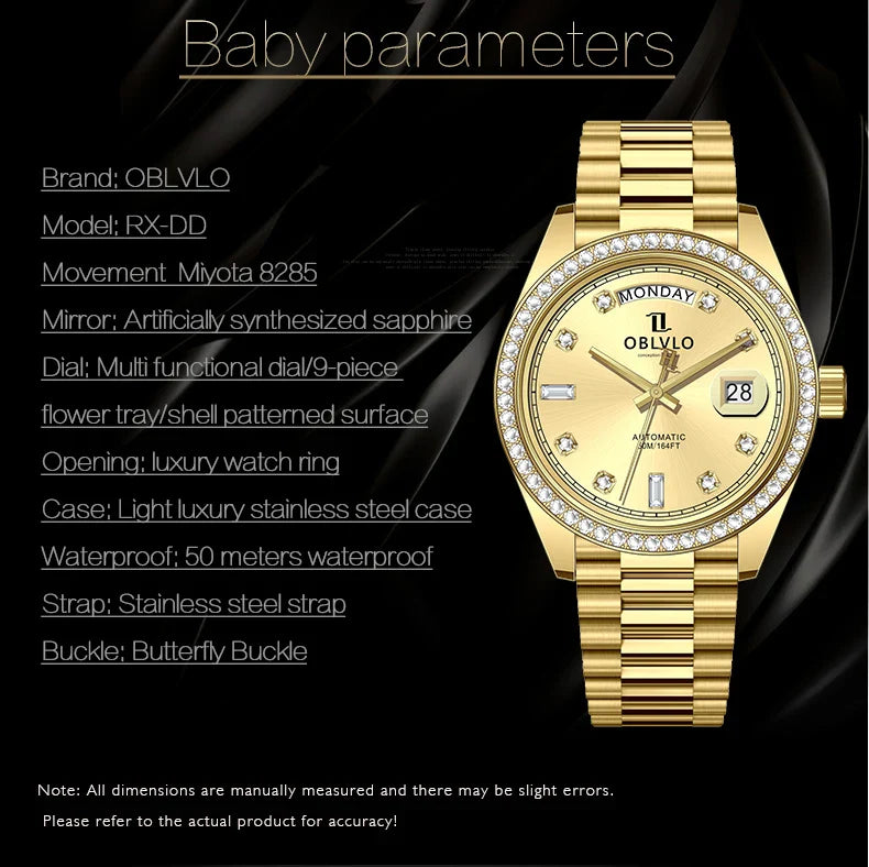 OBLVLO Men's Luxury Watch Yellow Gold White Dial Automatic Date Diamond Bezel Mechanical Bracelet Watches with Day RX-DD