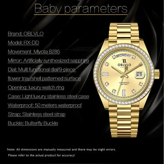 OBLVLO Men's Luxury Watch Yellow Gold White Dial Automatic Date Diamond Bezel Mechanical Bracelet Watches with Day RX-DD